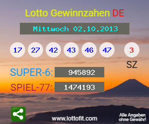 Lotto Gewinnzahlen vom Samstag, den 02.10.2013