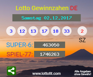 Lotto Gewinnzahlen vom Samstag, den 02.12.2017