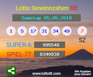 Lotto Gewinnzahlen vom Samstag, den 05.05.2018